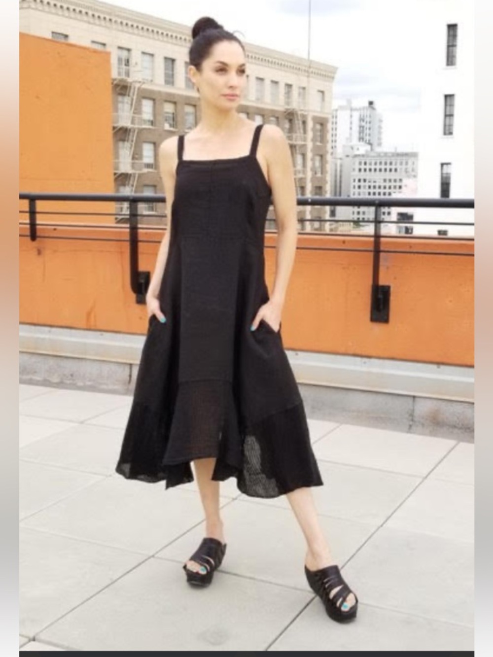 Inizio Viva 100% Linen hi-low Sundress Dress Black size Large